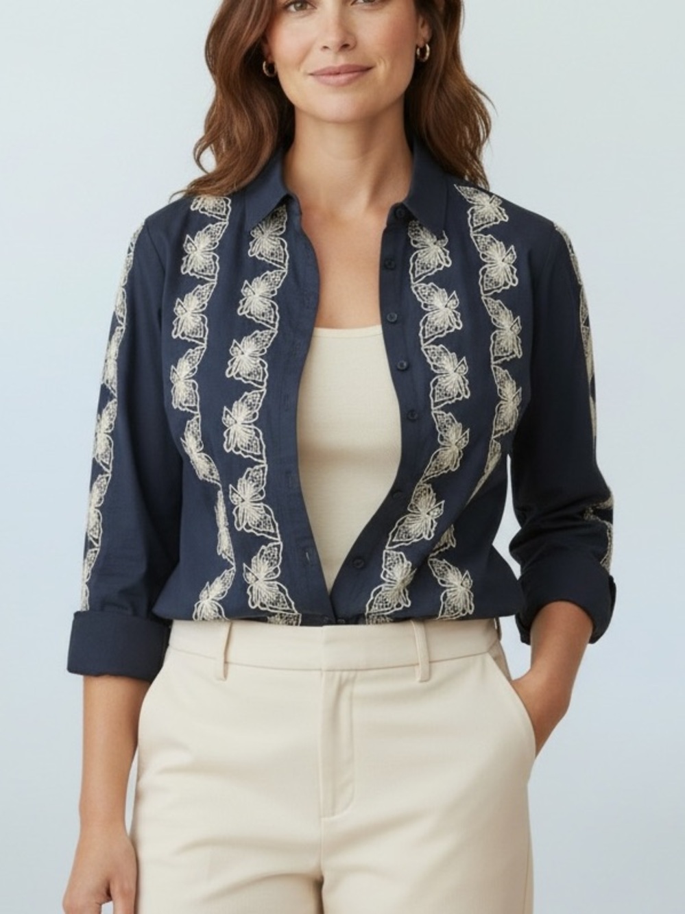 Sundance Women’s Cotton Navy Button Down With White Embroidery, Long Sleeve, 12